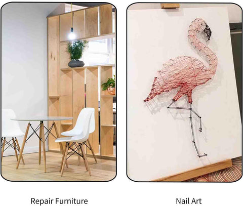 Two images side by side: left shows a modern dining area with wooden shelves and right displays flamingo nail art using gold plated carbon steel tiny nails.