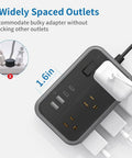Top view of 25 Foot Flat Plug Extension Cord With 6 Widely Spaced Outlets and 4 USB Ports including 2 USB C for home use.