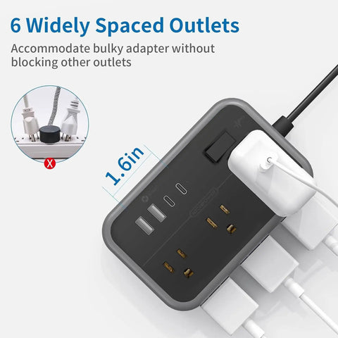Top view of 25 Foot Flat Plug Extension Cord With 6 Widely Spaced Outlets and 4 USB Ports including 2 USB C for home use.