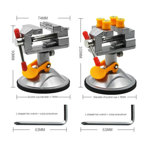 Mini Sucker Vise Two Pack For Drill Press And Workbench Handy Diy Carving Vise For Small Parts Circuit Boards Jewelry And Model Components Compact Clamp With Precise Positioning And Stable Hold On Tiny Projects with dimensions and tools shown