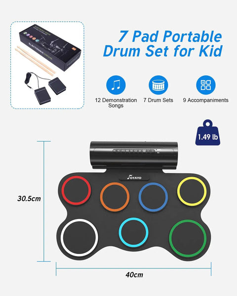 Roll Up 7 Pad Electronic Drum Set Midi Drum Kit displayed with dimensions and features