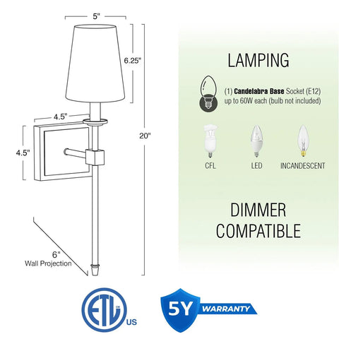 Kira Home Torche 20" Mid Century Modern Wall Sconce for Bathroom Vanity, Pack of 2 dimensions and lamping details.