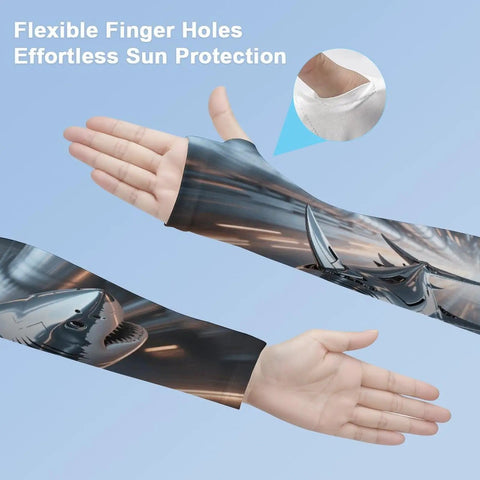 Stay Dope In The Heat With These Fly Ice Silk Arm Sleeves featuring mechanical shark design and flexible finger holes for sun protection.