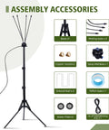 Standing Patio Misting System components including tripod base, misting tubes, water line, and nozzles for cooling outdoor spaces.