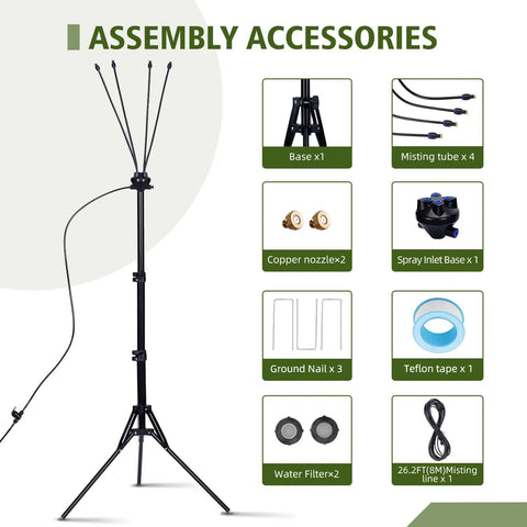 Standing Patio Misting System components including tripod base, misting tubes, water line, and nozzles for cooling outdoor spaces.