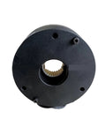 Front view of black circular electromagnetic brake housing with splined hub.