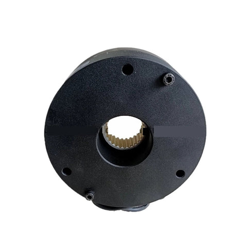 Front view of black circular electromagnetic brake housing with splined hub.