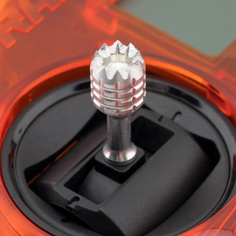 Close-up of removable stick on Pocket Portable Remote Controller With Hall Effect Gimbals And EdgeTX Support, orange finish