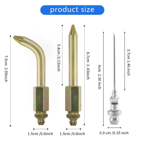 Grease Gun Needle Tip Kit With Bent And Straight Nozzles For Tight Spaces And Hard To Reach Areas Includes Rubber Boots Ball Joints And Bushings Injector Adapter Coupler Built For Pro Level Work And Rust Resistant Zinc Plated Steel product size shown with dimensions.