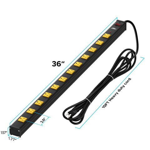Heavy Duty Surge Protector With 12 Wide Spaced Outlets And 15 Foot Extension Cord Mounting Brackets 15A Circuit Breaker 1800 Joules Of Protection