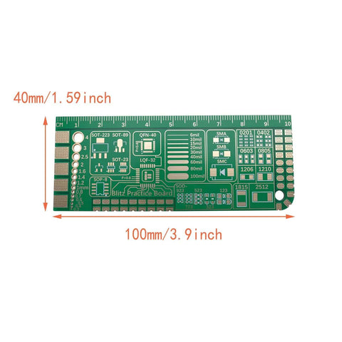 Green Beginner Soldering Practice Board Kit For Electronics Nerds And Hobbyists 40x100mm with micro pad variety and ruler scale.