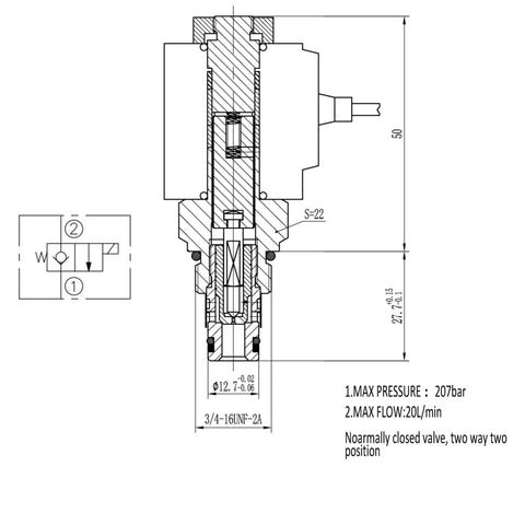 Technical drawing of Solenoid Operated Spool Cartridge Valve Normally Closed Two Way Two Position 08 Size for Hydraulic Power Unit