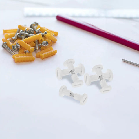 50 White Wood Panel Fasteners And Connector Bolts Kit For Cabinet And Tabletop Assembly with yellow plugs and screws