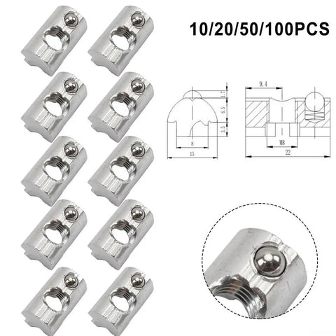 Kickass Aluminum Sliding Blocks with a Stainless Steel Spring Ball Swivel. M8 T-Nut displayed in sets with detailed dimensions.