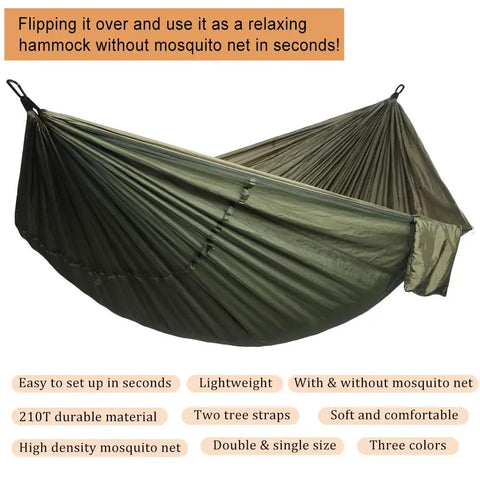 Lightweight Camping Hammock With Mosquito Net For Double Or Single Use, parachute nylon, olive green, unfolded view