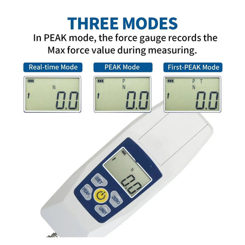 Push And Pull Force Tester Dynamometer With Four Measurement Units Newton Kilogram Pound And Ounce, Peak First Peak And Real Time Modes, Backlit LCD Display, Auto Power Off, Handy Portable Storage Case, 300N Capacity shown with three mode screens