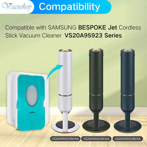 Product compatibility image showing Samsung BESPOKE Jet vacuum series VS20A95923 and dust bags for VCA-ADB95.