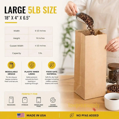 Person filling Pack Of 250 Brown Paper Tin Tie Coffee Bags With Reclosable Seal Stand Up Pouches For Coffee Cookies Bakery Packaging And Food Storage Sixteen Inch By Six And One Half Inch By Four Inch with coffee beans