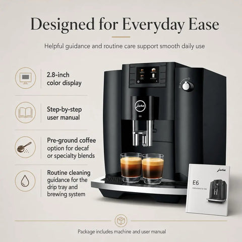 Straight Up Game Changing Automatic Espresso Machine With 2.8 Inch Color Display And Easy Cappuccino Function In Piano Black showing coffee and user manual.