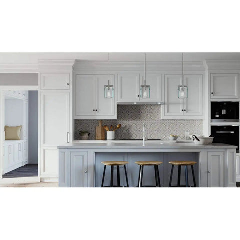 Kitchen with Glayse Gray Mini Pendant Light with frameless beveled glass above island, modern architectural style, slick industrial aesthetic.