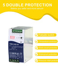 Three Phase DIN Rail Power Supply 240W 24V 10A Built For Tough Industrial Control Systems With Low Harmonic Current And Rock Solid Reliability UL61010 Certified BS EN61000 6 2 Wide 340 To 550VAC Input, featuring failsafe switch, temperature protection, short circuit protection, waterproof protection, and pressure relief protection
