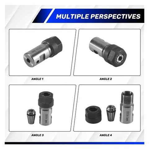 Super Tough Motor Shaft Collet Chuck Spindle Extension Rod for Milling Machine and Lathe Tools shown from multiple angles.