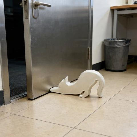 Black Eco Friendly Door Stopper With Soft Impact Absorbing Block under metal door in a home setting, pet-safe design