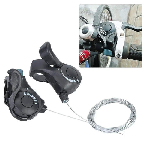 7 Speed Thumb Gear Shifters Set For Mountain, Road, City And Folding Bikes with inner cables, attached to bike handlebar