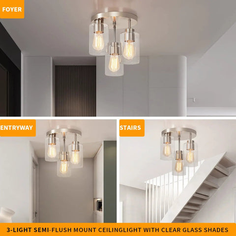 Semi Flush Mount Ceiling Light 3 Light Brushed Nickel With Clear Glass Shades in foyer, entryway, and stairs settings