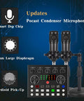 Two Microphone Podcast Bundle With BM 800 Studio Condenser Mics, Upgraded Sound Card, Dual Desktop Stands on tech background