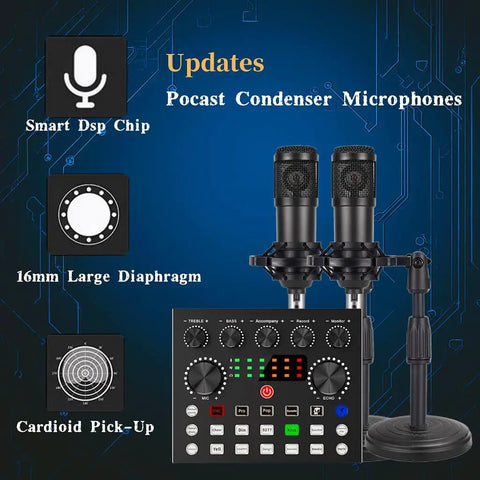 Two Microphone Podcast Bundle With BM 800 Studio Condenser Mics, Upgraded Sound Card, Dual Desktop Stands on tech background