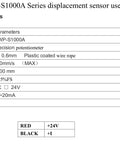 Technical parameters and wiring diagram for CWP-S1000A displacement sensor, including 1000mm range and 24V DC, 4-20mA output.