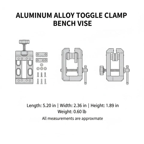 Aluminum alloy toggle clamp bench vise 5.20x2.36x1.89 in, 0.60 lb, portable tool for secure DIY projects.
