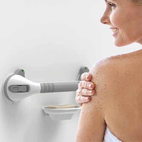 Woman using Suction Shower Grab Bar Set With Indicators No Drill Install 17 Inch Long Bathroom Balance Support Non Slip Grip