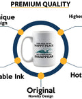 Sailor Themed 15oz White Coffee Mug for Boaters and Mariners, depicting product features in a quality assurance graphic.