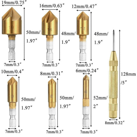 Rocaris 23-pack woodworking drill bit set with countersink/chamfer bits, plug cutters, hex shanks.