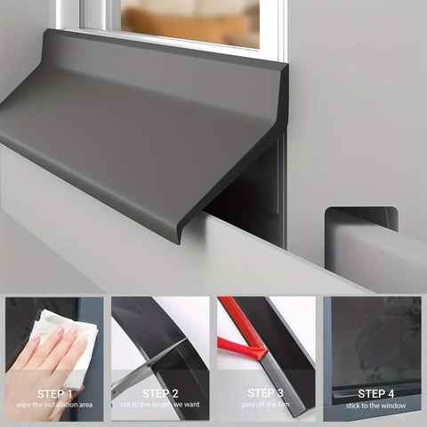Heavy Duty Self Adhesive Rubber Rain Drip Guard For Doors And Windows 9 Feet Waterproof Edge Diverter installed on a window frame.