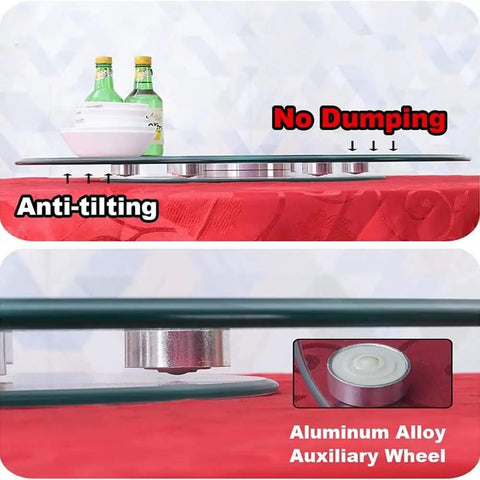 Top Shelf Thick Tempered Glass Lazy Susan Rotating Serving Tray Easy Peasy Clean Spinner with aluminum alloy wheel and anti-tilting base.