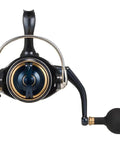 Front view of Saltiga G Spinning Reel Beast Mode Ready For Big Game Fishing Heavy Duty Saltwater Workhorse 18000 with precision handle.