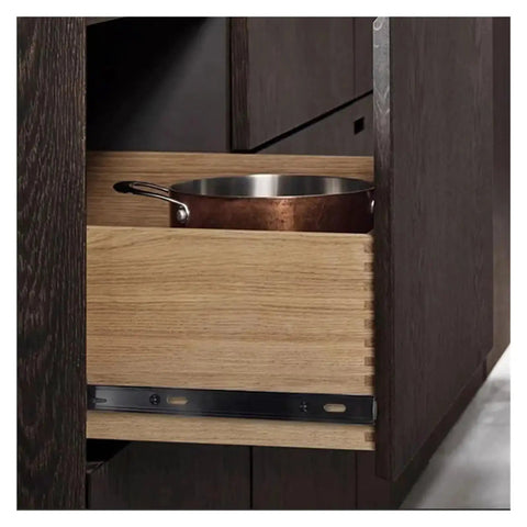 Slick Two Way Bearing Drawer Slides For Cabinet Hardware Boast Dang Smooth Glide Motion And Bulletproof Steel Construction Includes Set Of Two Matte Black 16 Inch Tracks with a pot in a wooden cabinet drawer.