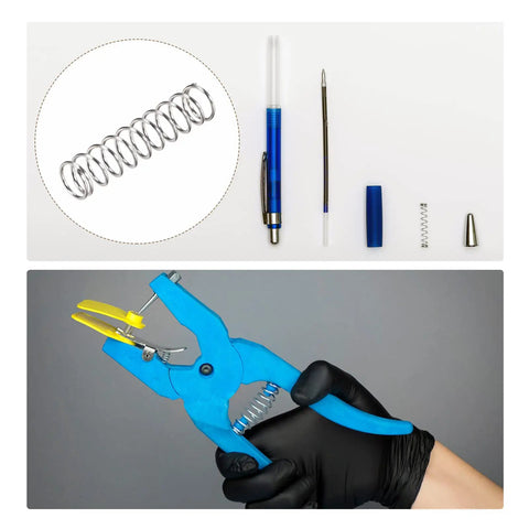 Handy Compression Springs Set 0.5x5mm OD, 20mm Free Length, 10 Pieces, 304 Stainless Steel shown in use with pen and tool.