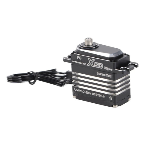 Bad Boy Rc Digital Servo 50kg Torque Heavy Duty Full Metal Cnc Gears Aluminum Alloy Motor Build For Rc Cars Robots Boats close up view with wires.