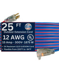 Coiled 25-foot blue and red 12/3 gauge heavy duty extension cord with lighted plug for indoor/outdoor use, extreme weather resistant.