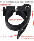 Close-up of bike seat clamp with tightening instructions for Seat Post 27.2mm By 350mm With Clamp Set For 27.2 To 28.6mm Bike Tubes.