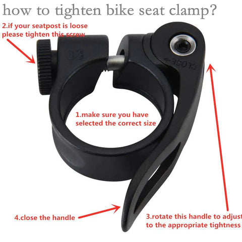 Close-up of bike seat clamp with tightening instructions for Seat Post 27.2mm By 350mm With Clamp Set For 27.2 To 28.6mm Bike Tubes.