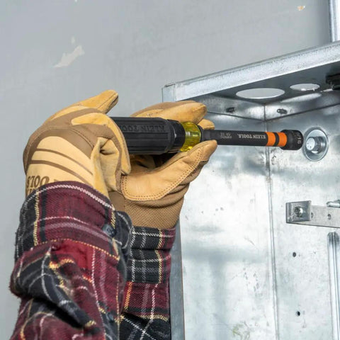 Ratcheting Impact Rated Hollow Power Nut Driver Set With Handle Magnetic And Color Coded Six SAE Hex Sizes being used in electrical panel