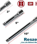 3 Piece Socket Extension Bar Set With 1/2 Inch Drive Chrome Vanadium Steel Impact Extensions showing 3, 5, and 10 inch lengths.