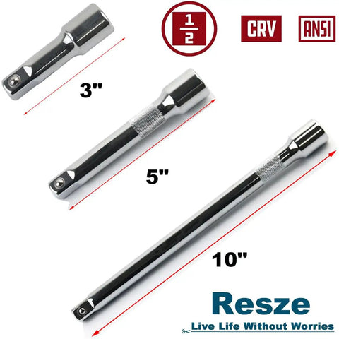 3 Piece Socket Extension Bar Set With 1/2 Inch Drive Chrome Vanadium Steel Impact Extensions showing 3, 5, and 10 inch lengths.
