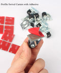 Mini Nylon Caster Wheels 0.5 Inch Low Profile Swivel Casters Set Of 8 Non Marks Self Adhesive Plate Caster Wheels in hand