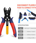 Air Line Removal Tool For 3/8 And 1/2 Inch Push-To-Connect Fittings With Quick Release Pliers shown with spec sizes and fittings